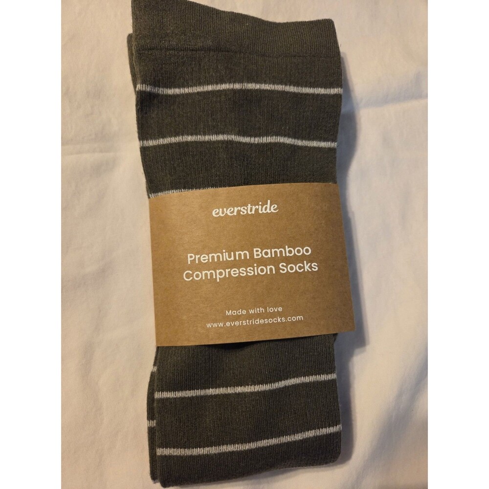 Original Everstride Bamboo Compression Socks Sz L Classic Toe Khaki/Cream Stripe